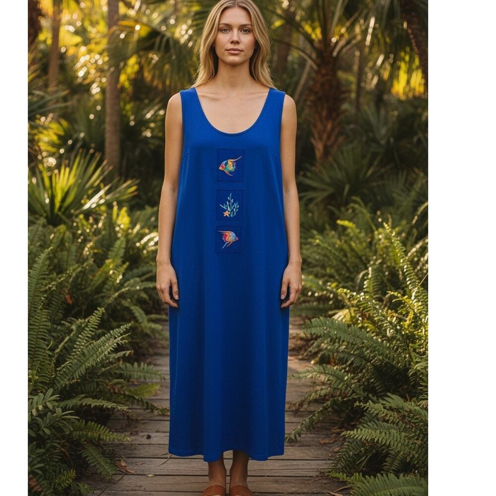 Vintage Cactus Womens Tropical Fish Print Maxi Dress Size Medium Blue Swim Cover